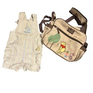 Winnie the Pooh Beige Diaper Bag & Striped Baby Overalls Set